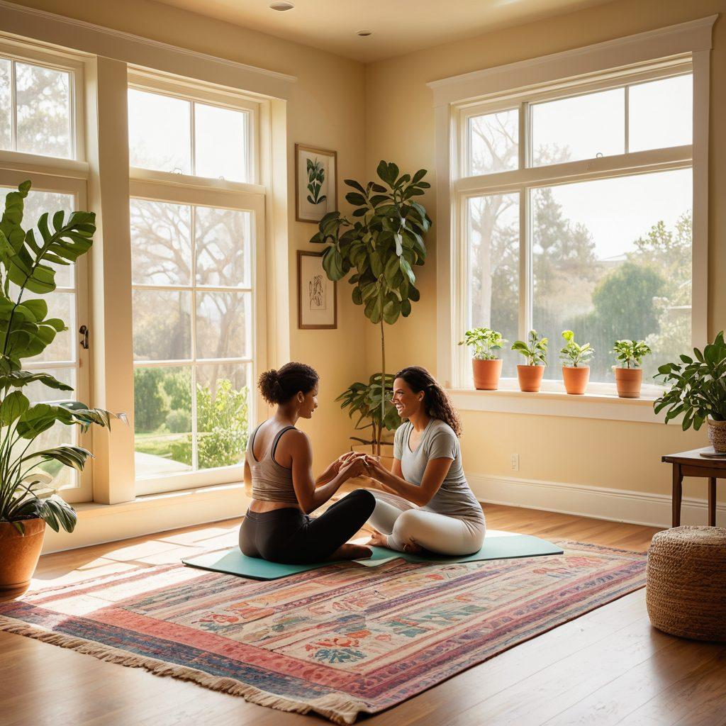 A cozy living room scene featuring a happy couple discussing health and wellness over a cup of tea. The room is filled with plants, a yoga mat, and wellness books, symbolizing a healthy lifestyle. Light streams through a window, creating a warm atmosphere. Include subtle symbols of comprehensive health coverage like a heart emblem intertwined with a house silhouette. Painting. vibrant colors.