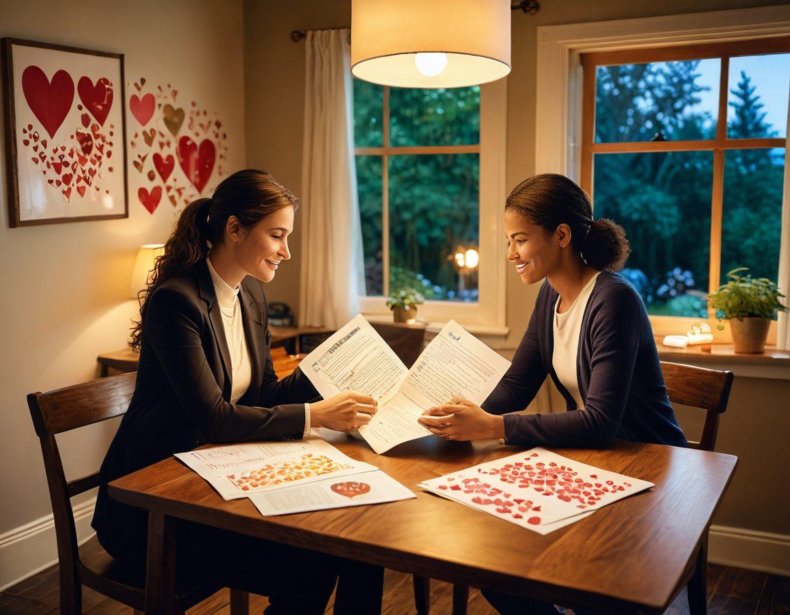 A warm, cozy couple sitting together with documents about insurance policies spread on a table, surrounded by symbols of love like hearts and a protective shield. Soft lighting creates a safe and nurturing atmosphere, emphasizing the theme of security in relationships. Include elements like a laptop displaying insurance quotes, a beautiful home in the background, and vibrant colors to evoke feelings of trust and affection. super-realistic. vibrant colors.