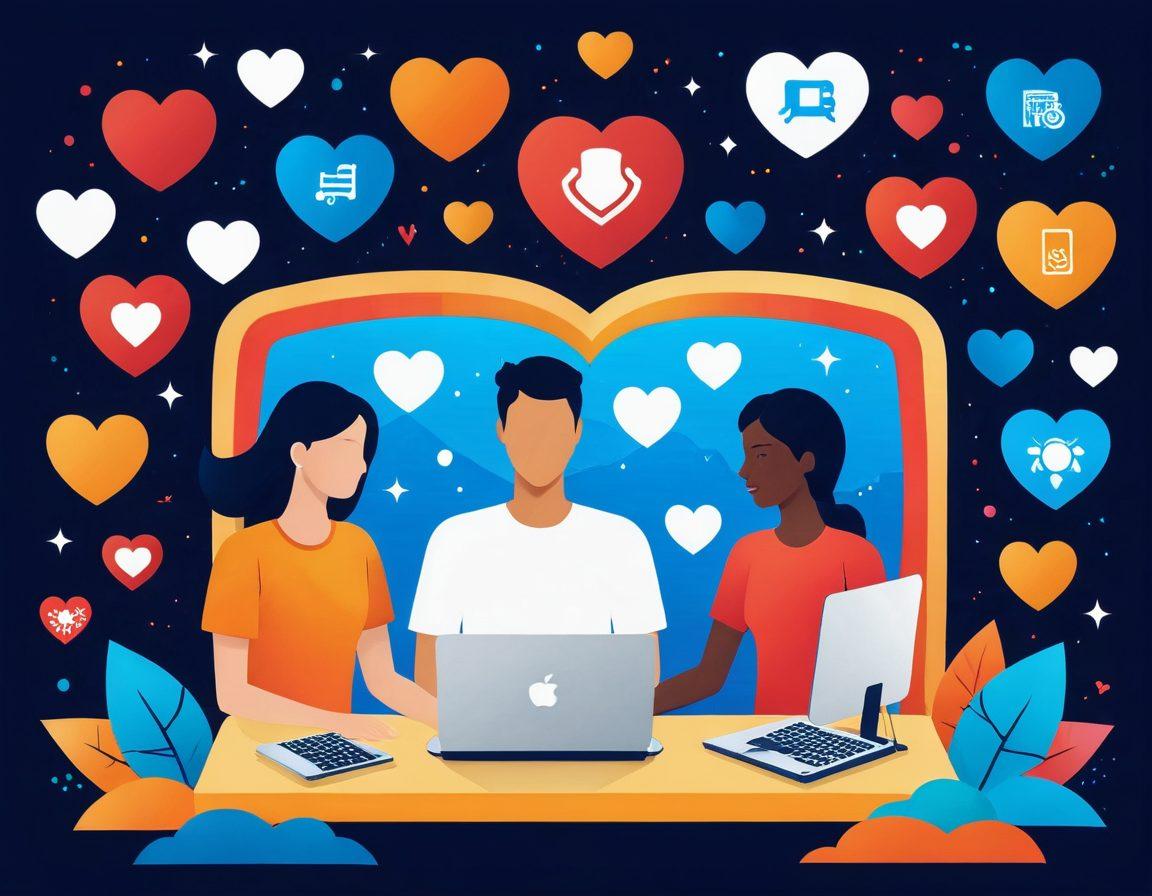 An illustrated scene featuring a couple happily exploring a digital landscape filled with various insurance quotes represented as floating icons. They are holding hands, surrounded by heart symbols and protective shields, symbolizing security and love. Soft, warm colors create an inviting atmosphere, with a laptop displaying a comparison chart in the background. The couple should appear diverse and joyful, conveying the importance of finding the right protection for their relationship. vibrant colors. vector art.